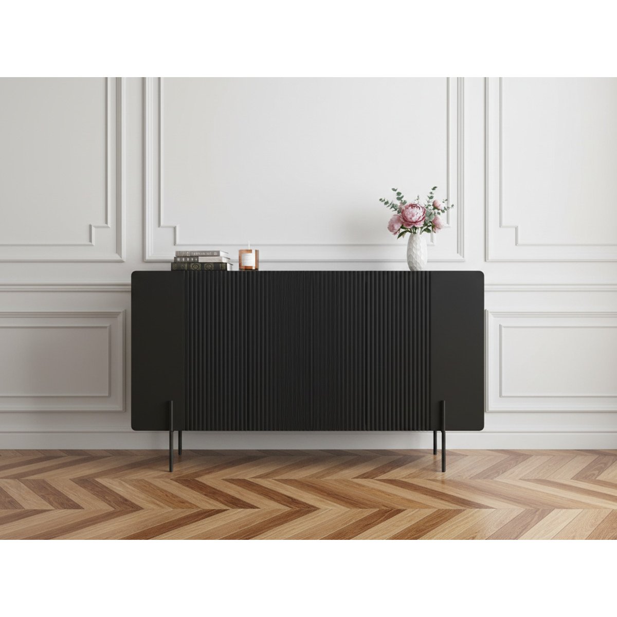 Buffet bas en panneaux de particules et MDF 4 portes 150 cm, MATHILDE noir, BOBOCHIC