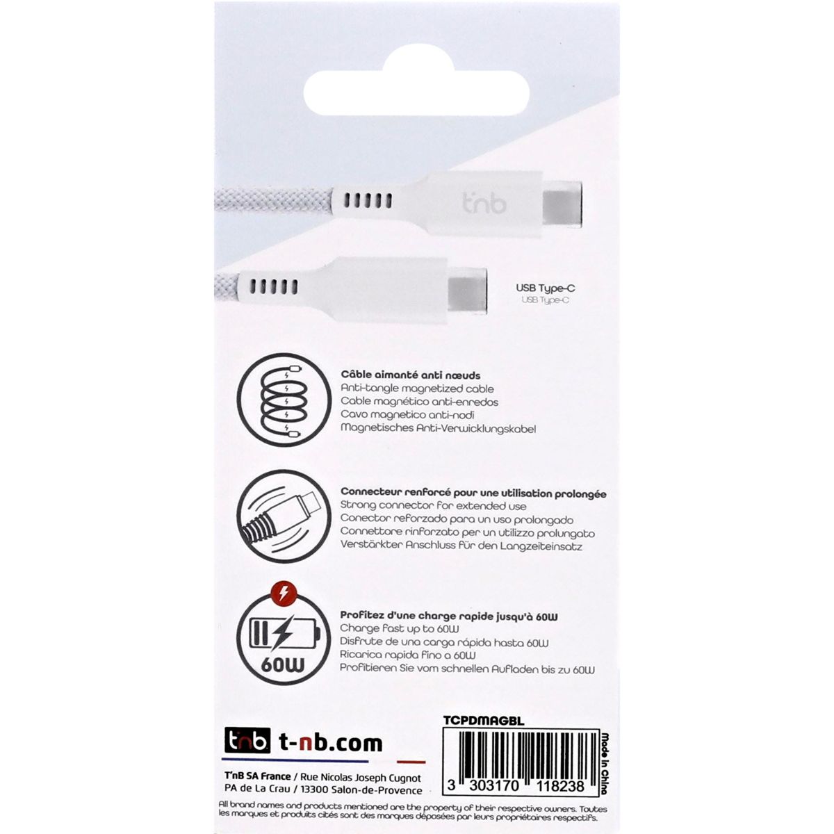 Câble de charge USB-C/USB-C 1.5m gaine aimantée bleu couleur unique, TNB