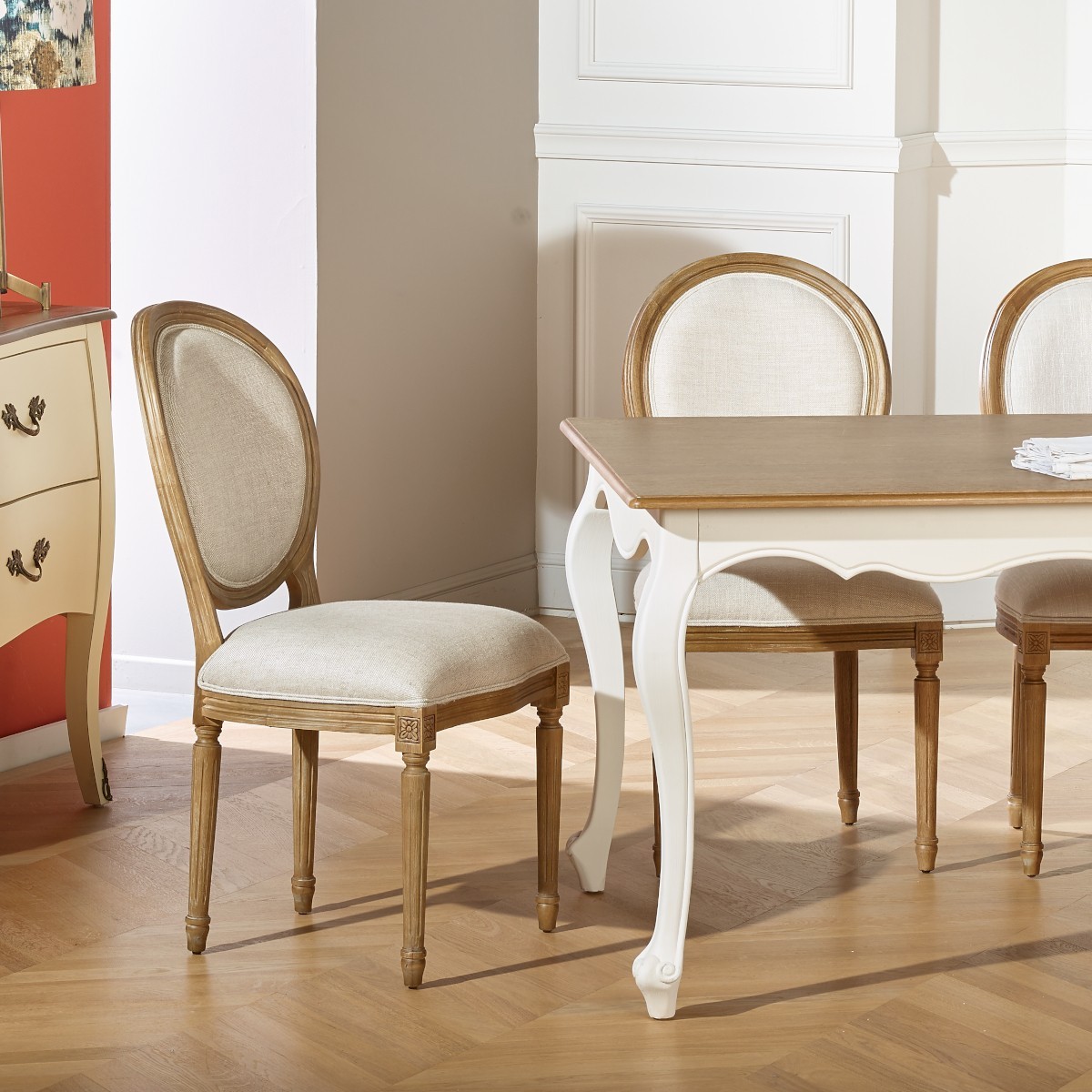 Lot de 2 chaises en hévéa et lin premium, style classique, bois certifié FSC® MEDAILLON lin, ROBIN DES BOIS