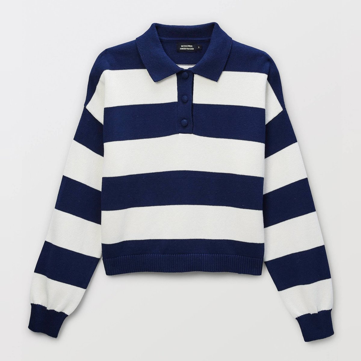 Pull rayé à col polo marine, MONOPRIX