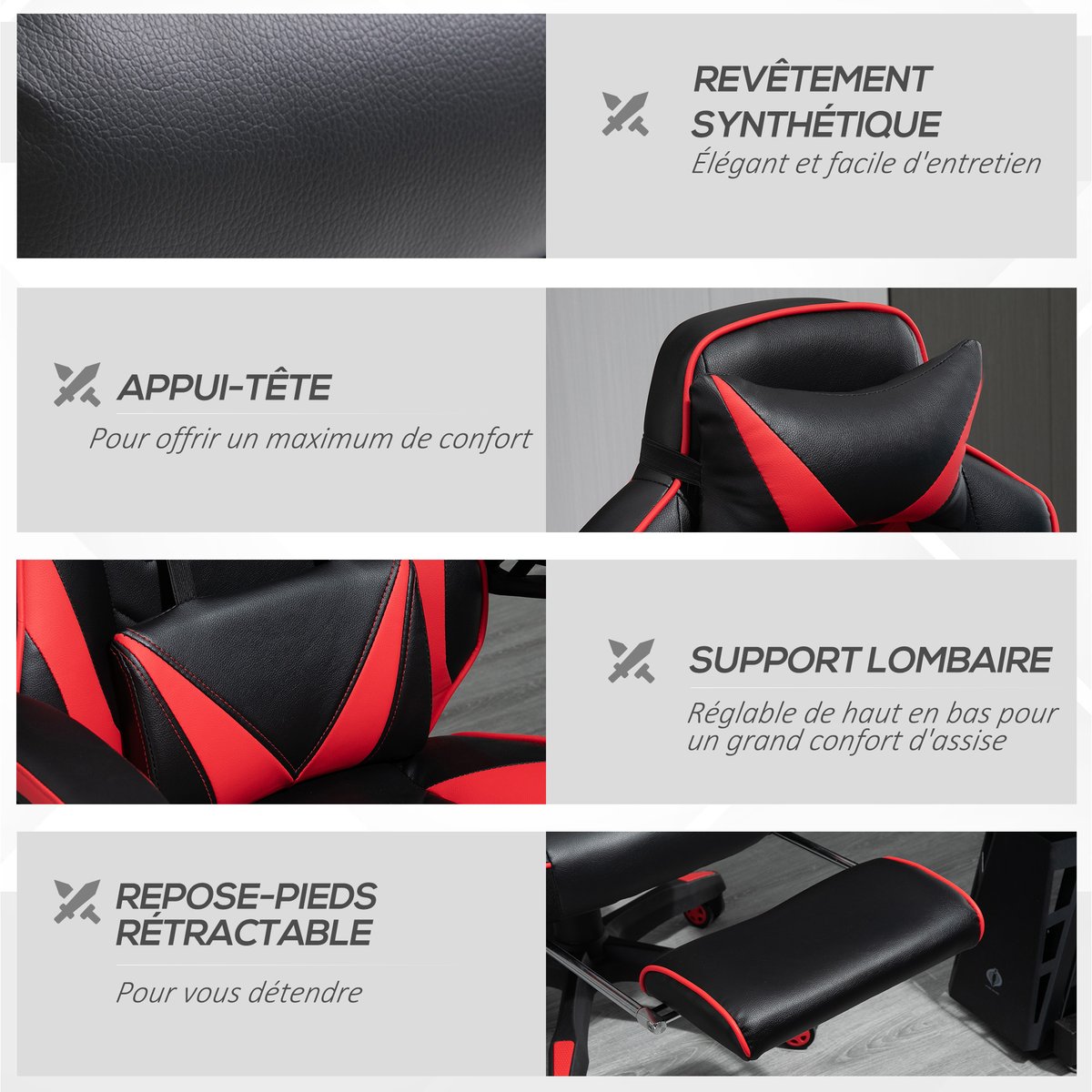Fauteuil gaming Revêtement synthétique PU rouge et noir, HOMCOM