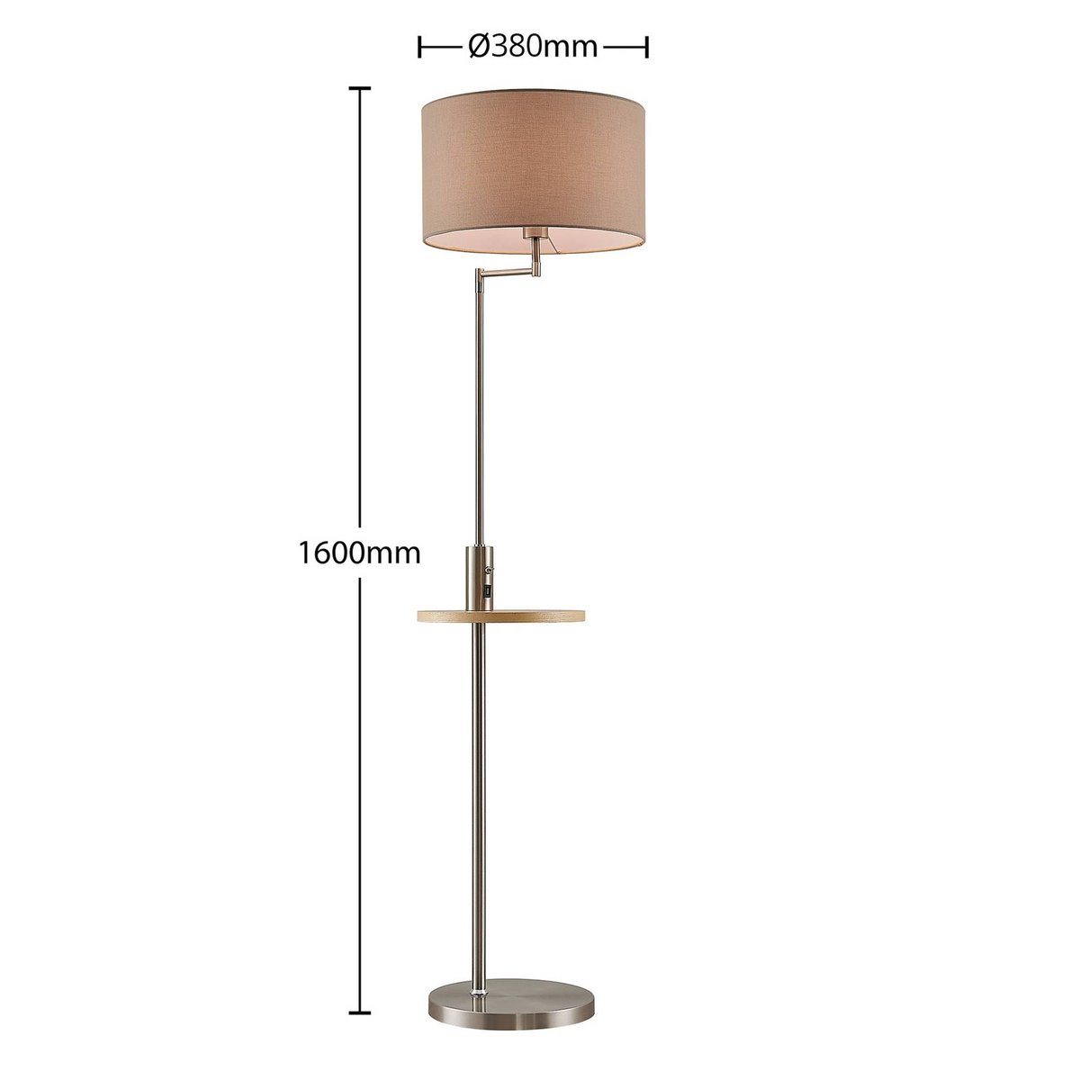 Lampadaire en métal moderne, Zinia nickel satiné, beige, bois clair, LINDBY