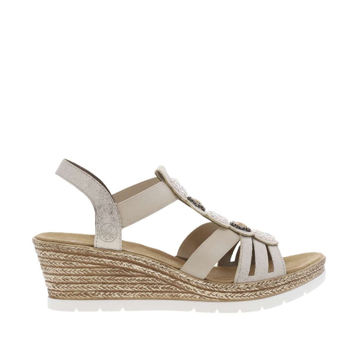 Sandales beiges avec une tige élastiquée à perles et à talon compensé beige, RIEKER