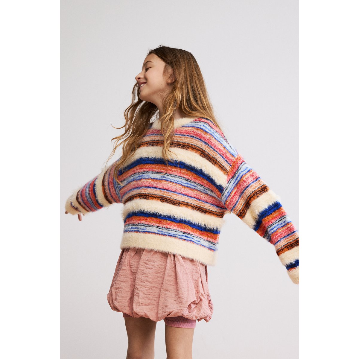 Pull court à rayures beige, DESIGUAL