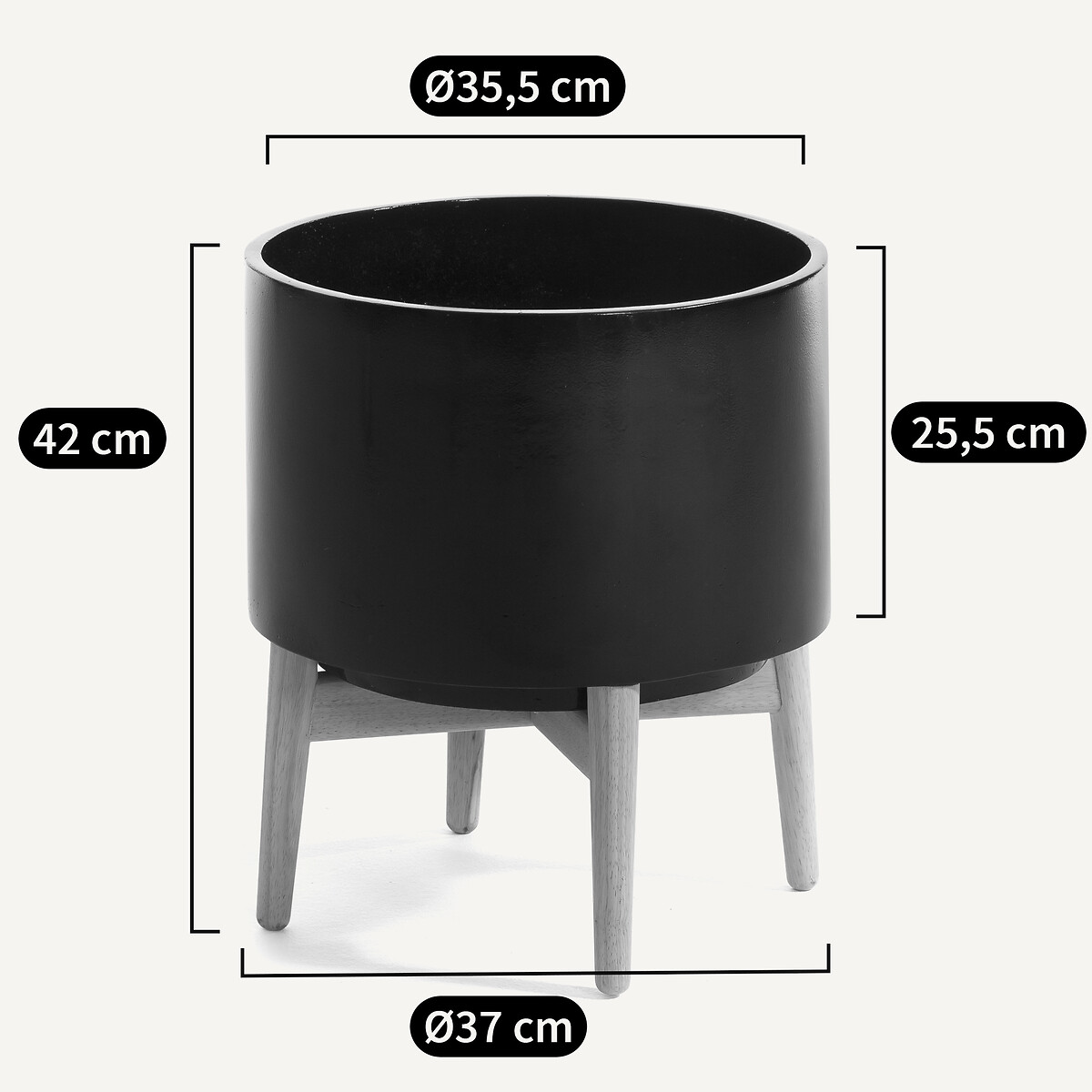 Cache-pot sur pied en hévéa H42cm, Florian noir, AM.PM
