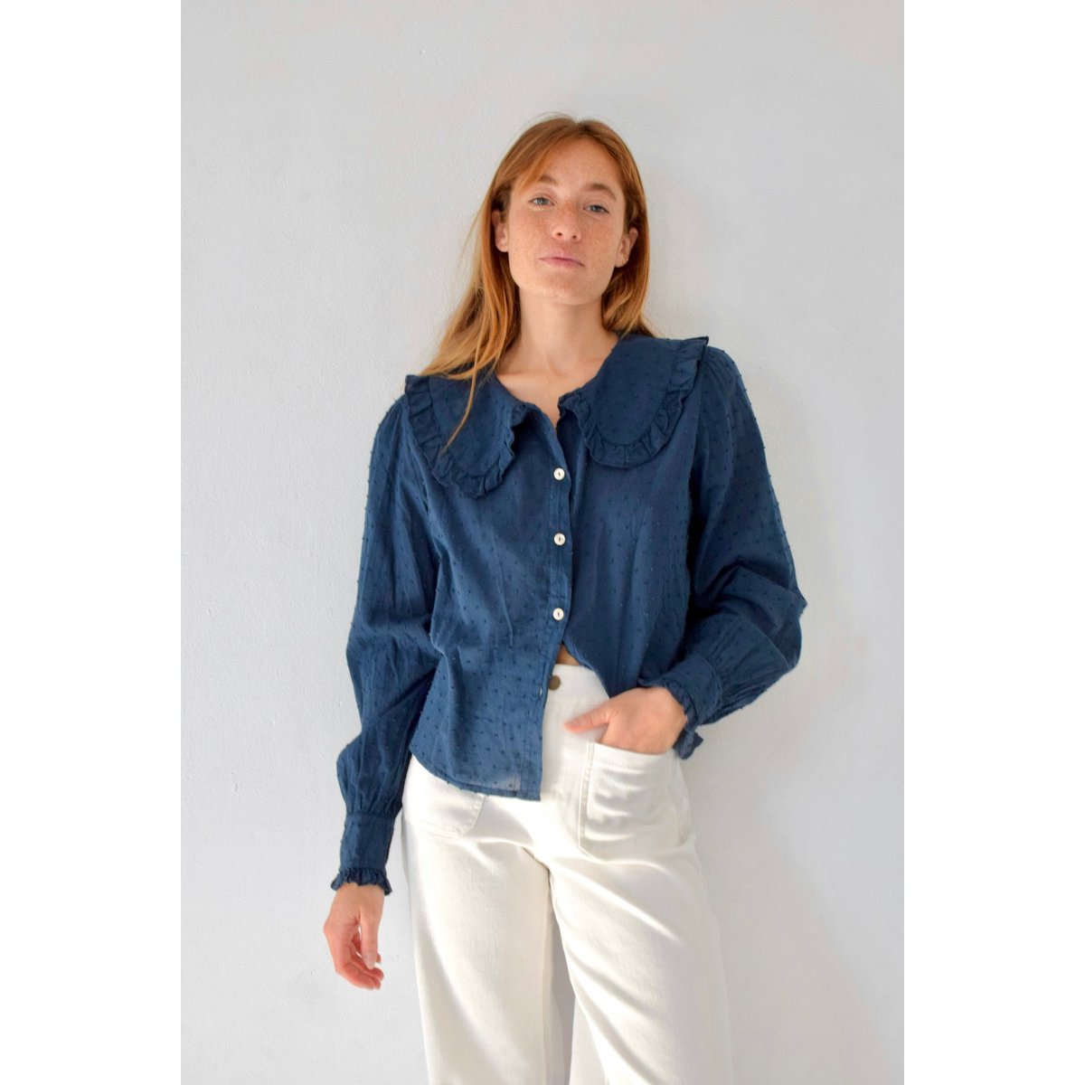 Chemise plumetis col Claudine DIANA bleu marine, MINDTRAVELER