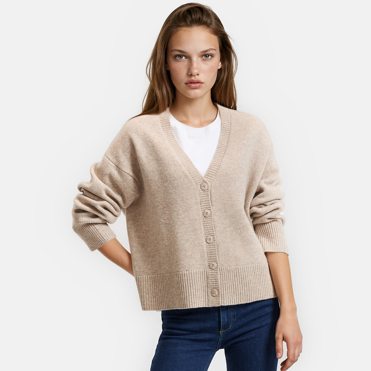 Loose, Wool, Chunky Knit Cardigan beige marl, LA REDOUTE COLLECTIONS