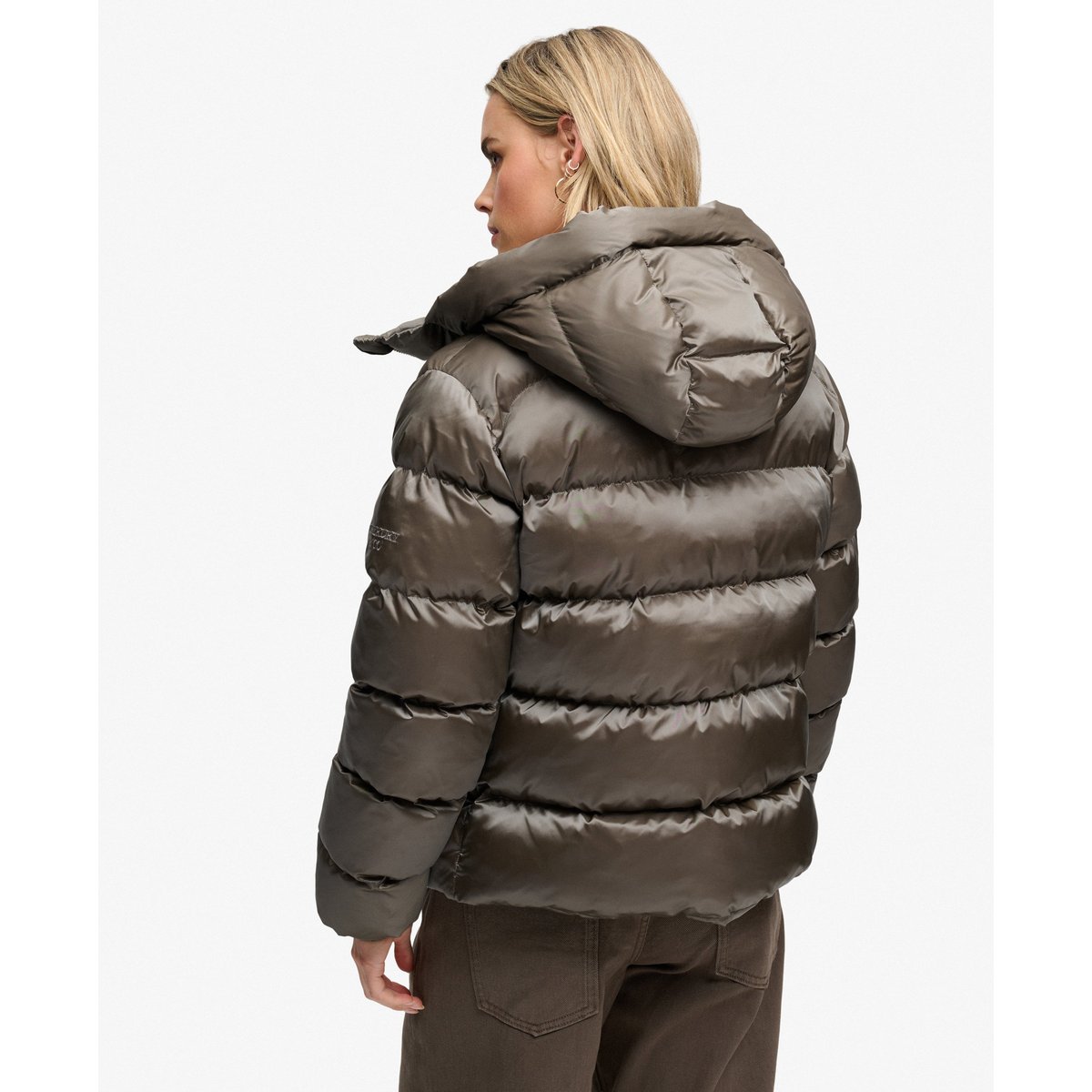 Doudoune à Capuche Brillante Coupe Ajustée kaki foncé, SUPERDRY