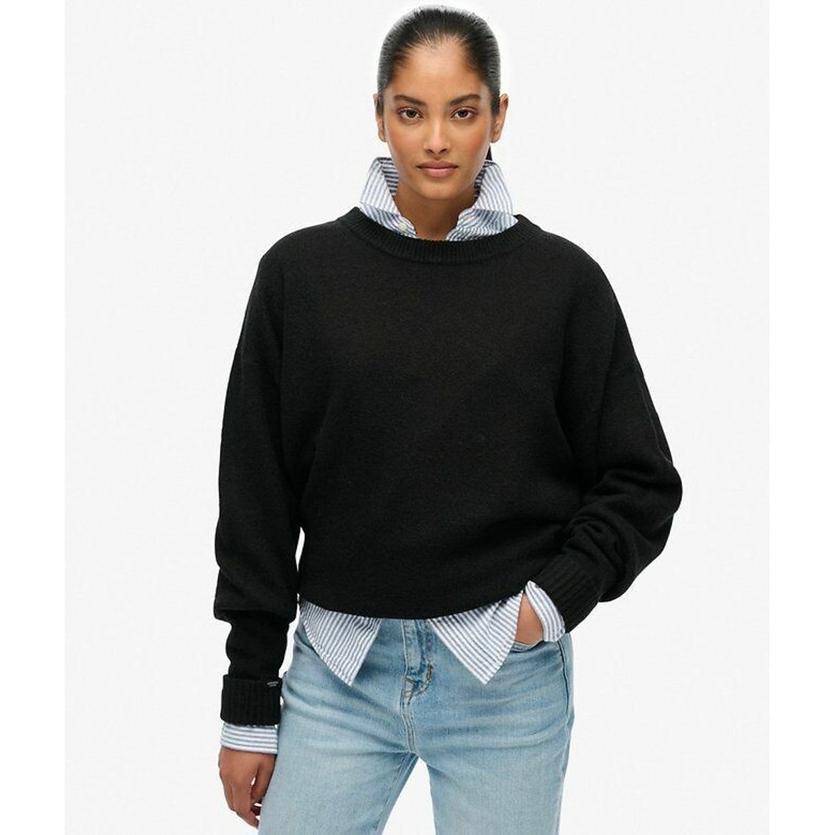 Pull col rond ample noir, SUPERDRY