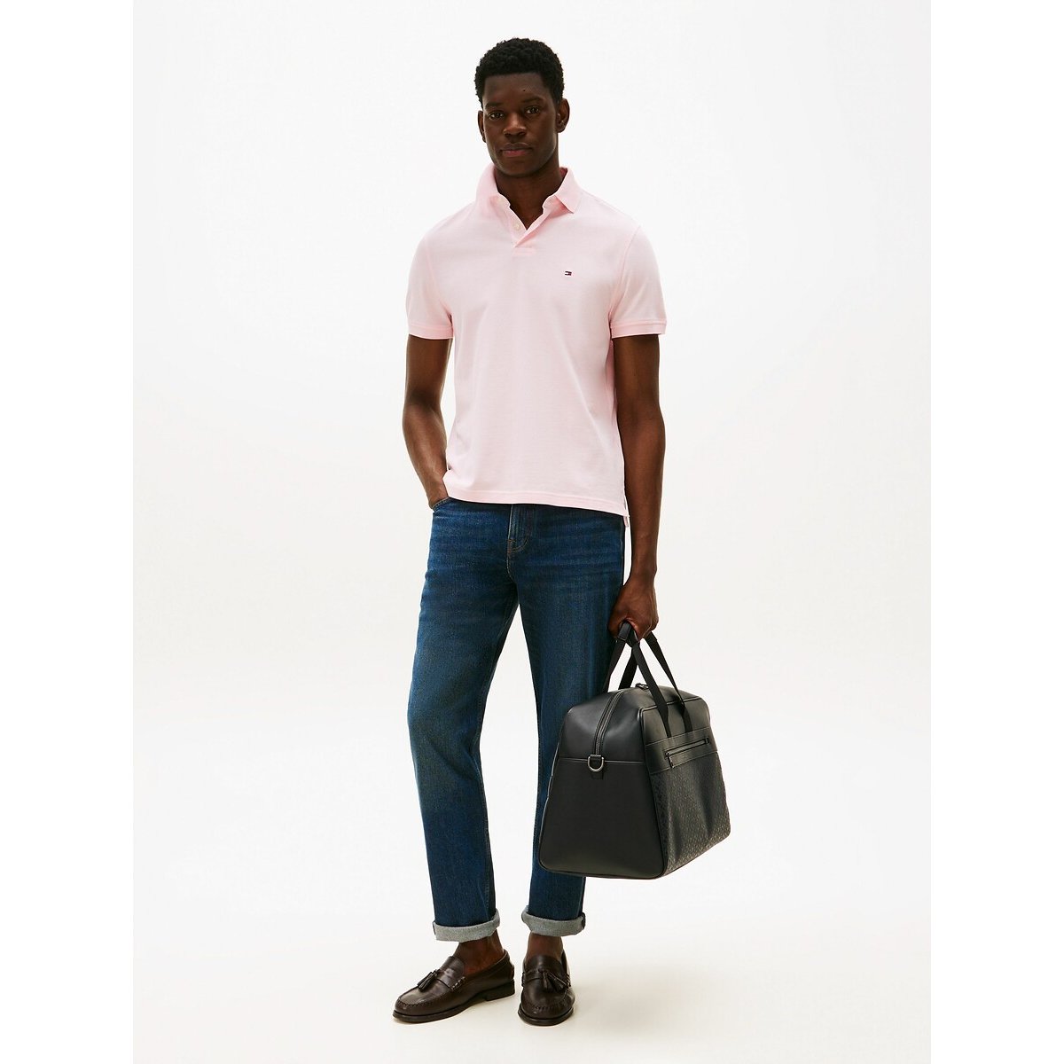 Polo droit stretch col 2 boutons rose pale, TOMMY HILFIGER