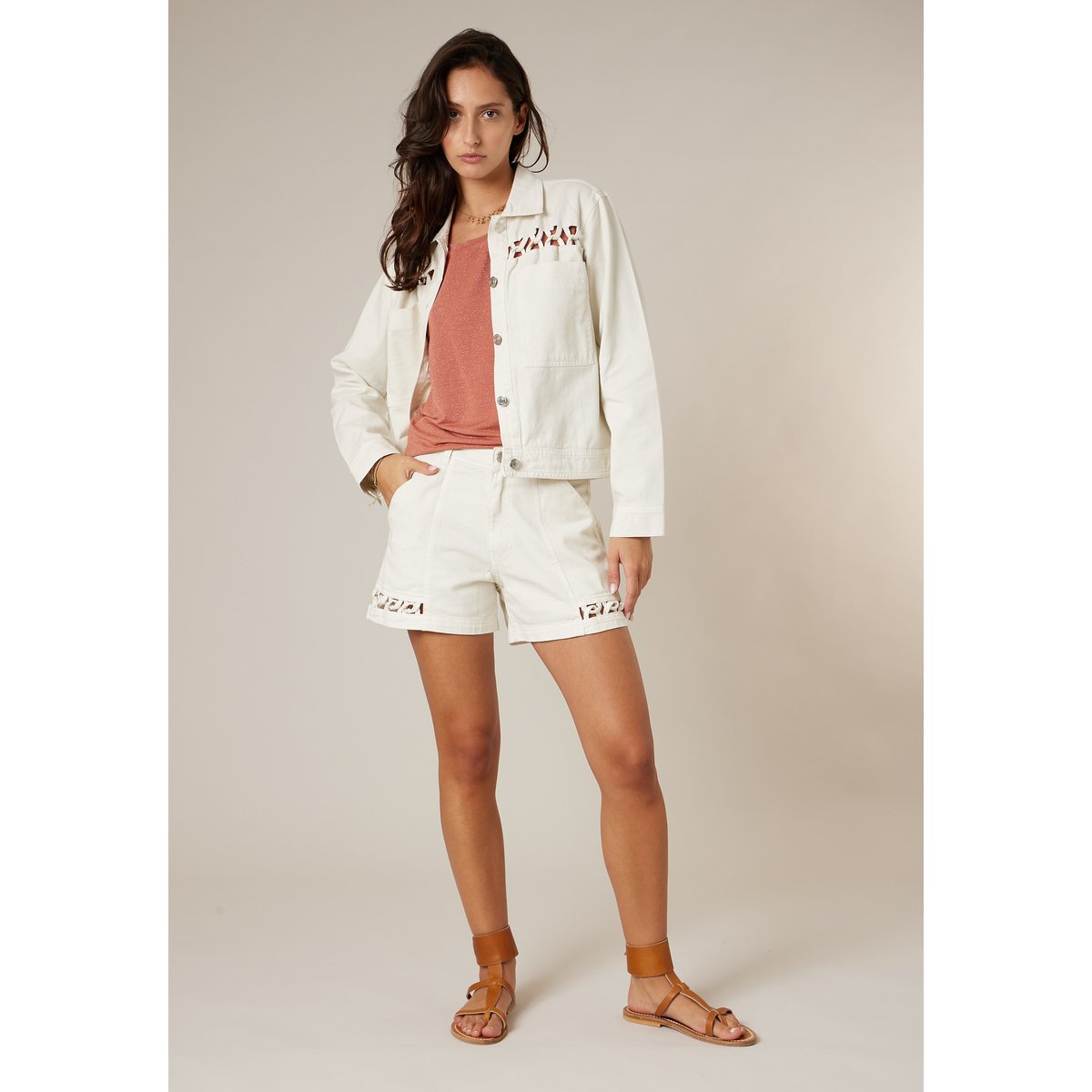 Veste femme légère ajourée en coton LAROSSA blanc cassé, DEELUXE