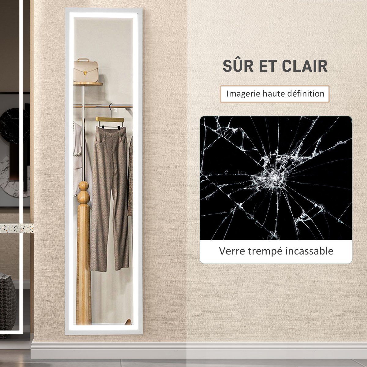 Miroir en pied Verre trempé Blanc blanc, HOMCOM
