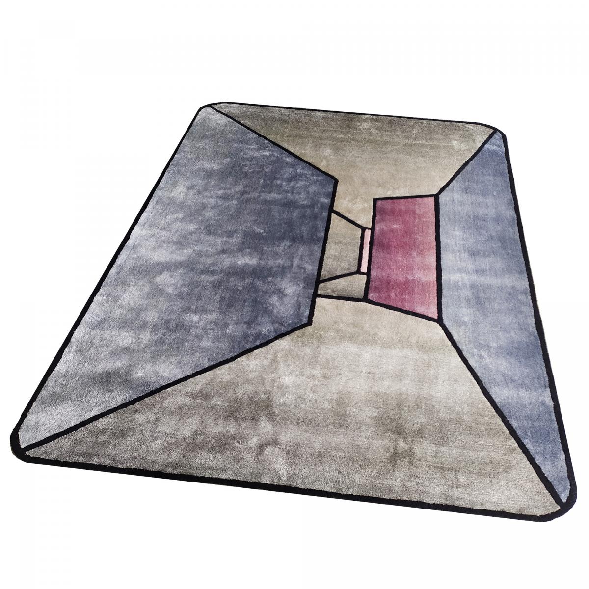Tapis salon et chambre THE ROOM, fait à la main motif géométrique gris, bleu, noir, rose, UN AMOUR DE TAPIS