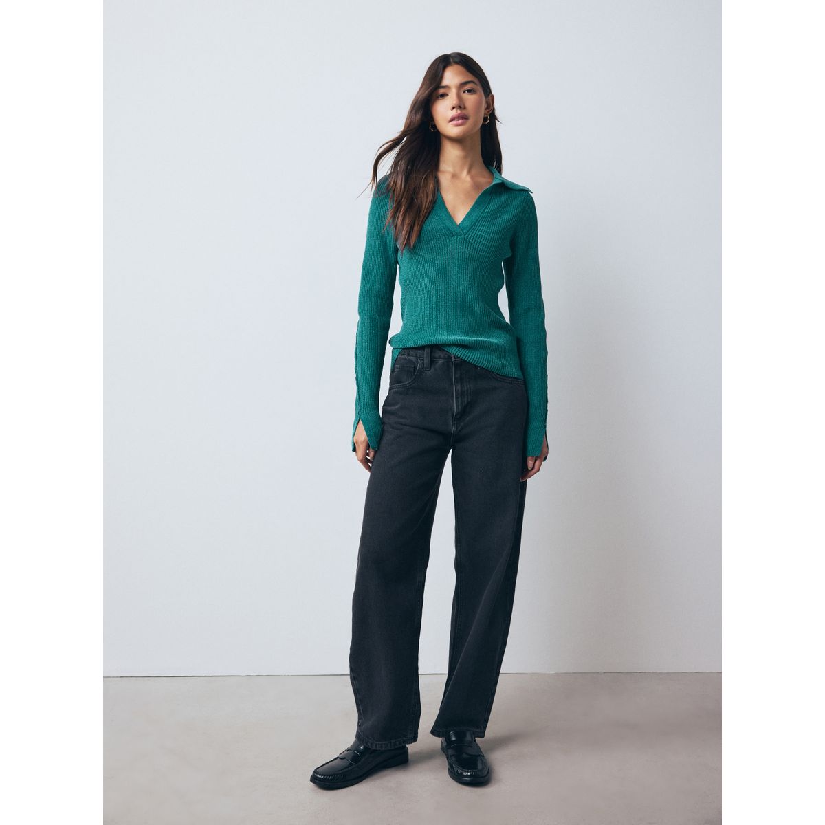Pull en maille chenille côtelée avec col polo bleu sarcelle, NEXT
