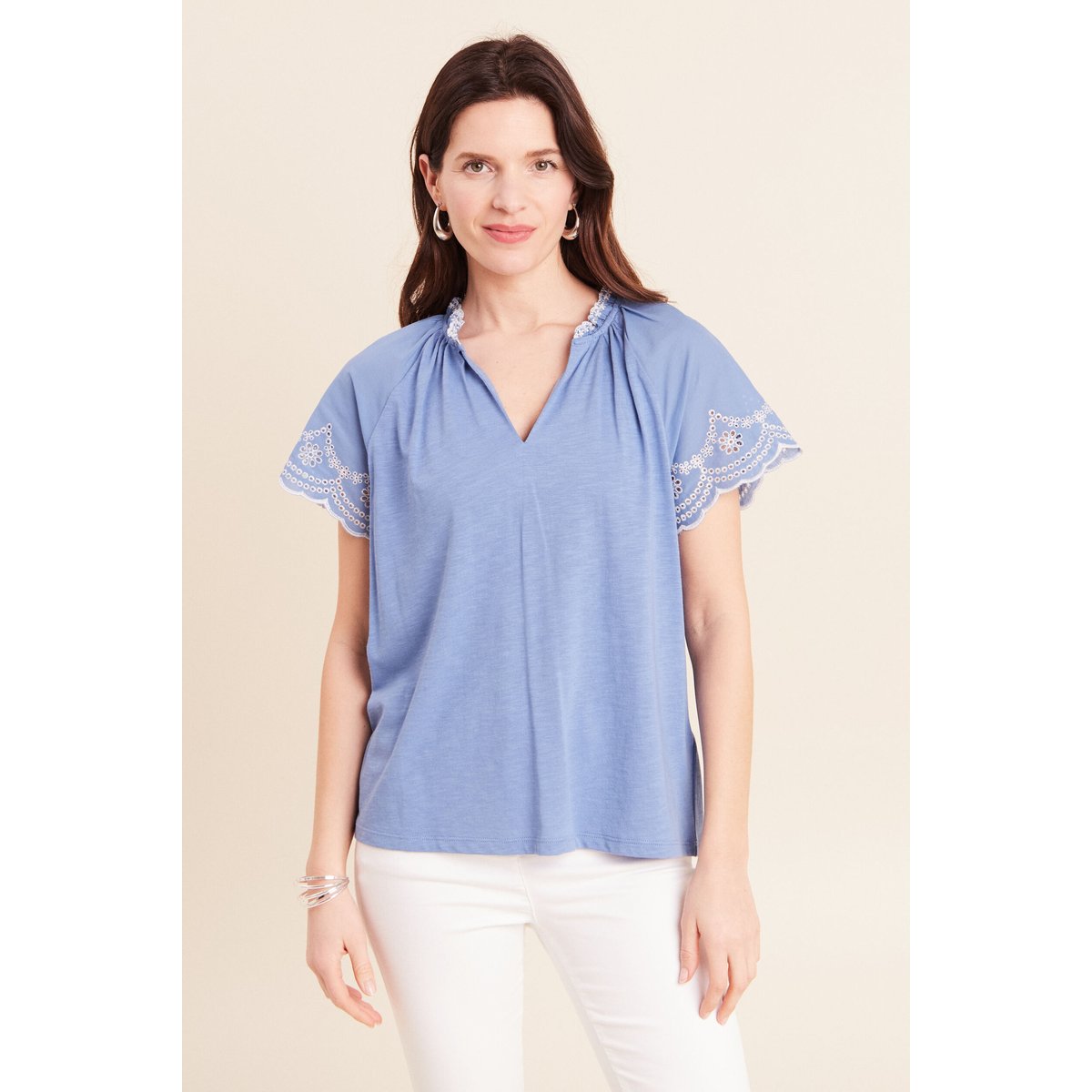 Blouse col tunisien manches courtes bleu ciel, BREAL