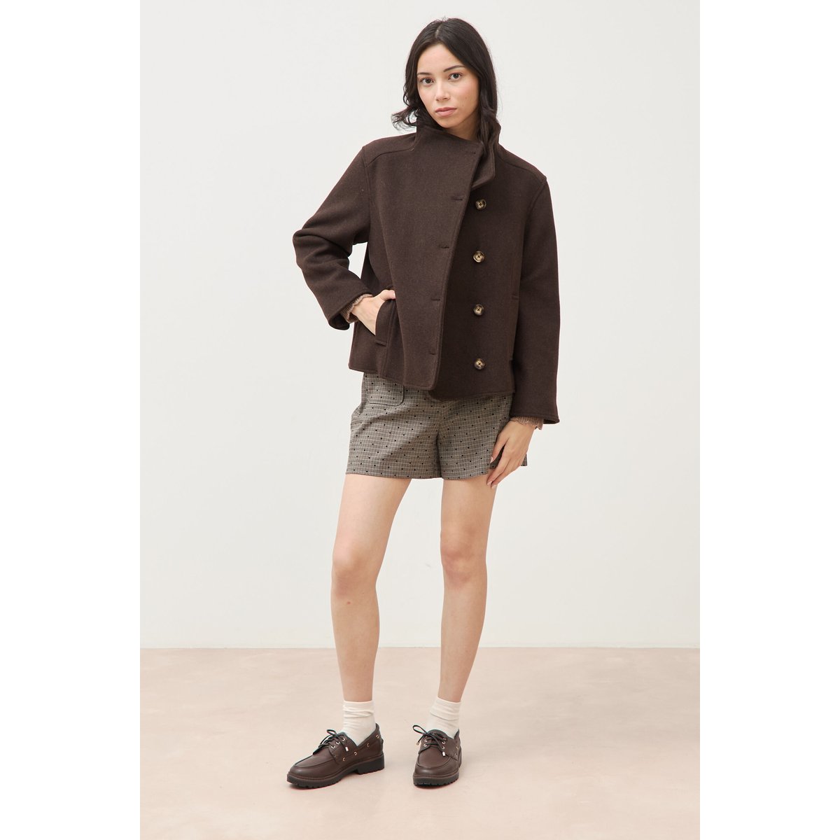 Veste oversize courte col tailleur marron foncé, BONOBO