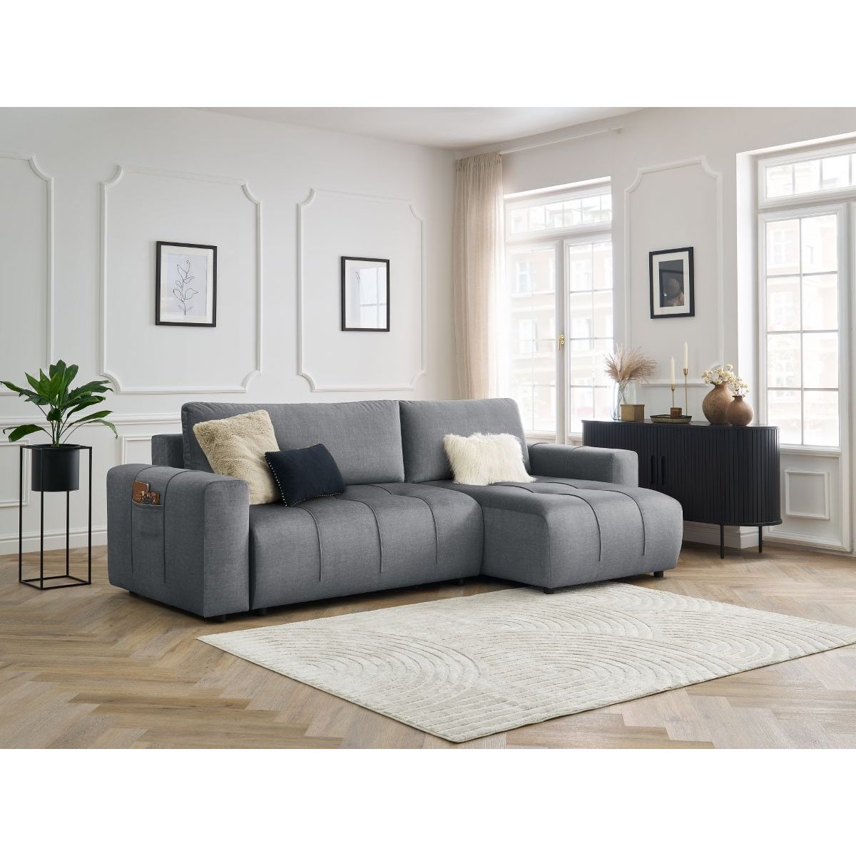 Canapé d'angle convertible 3 places en velours, ARSENE gris foncé, BOBOCHIC