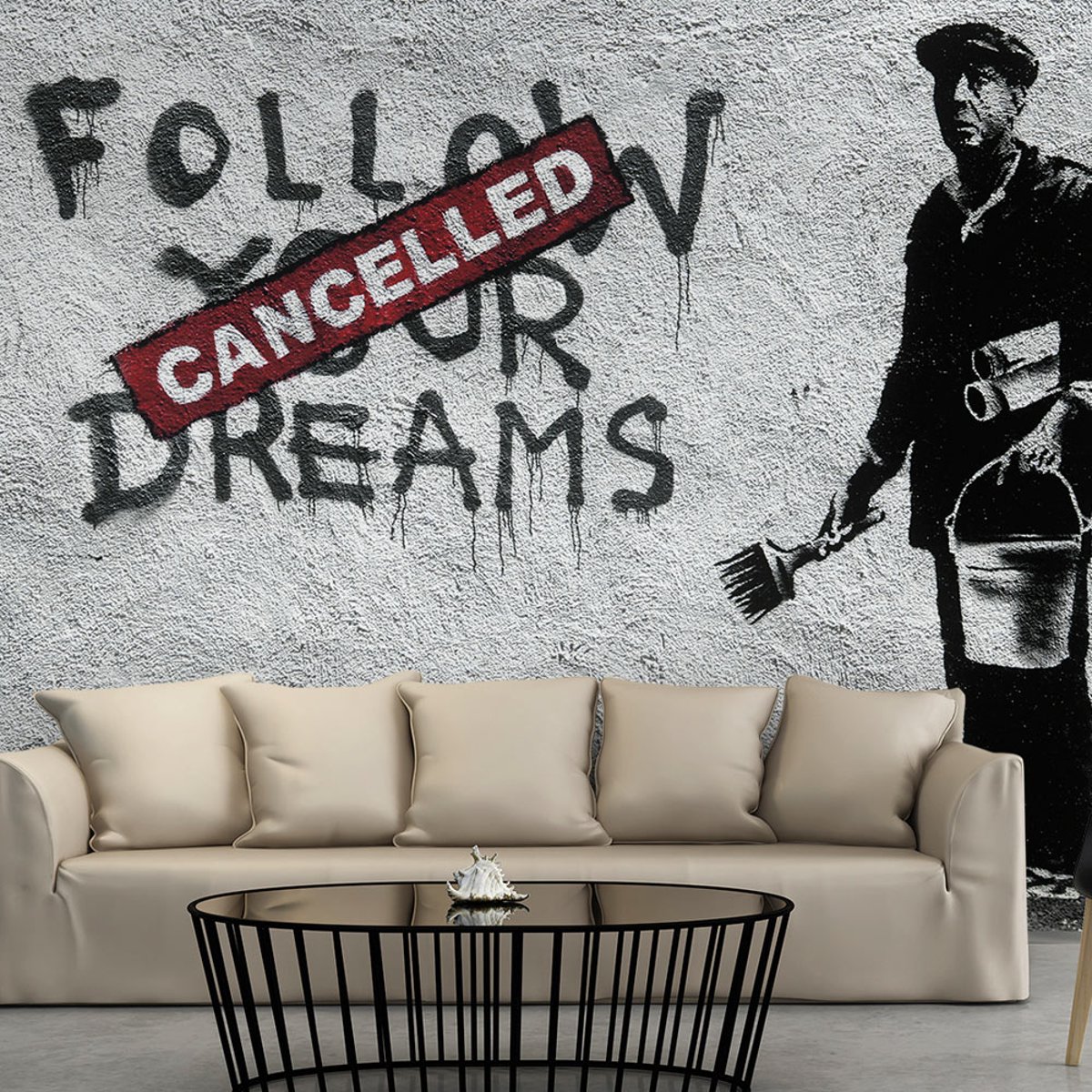Papier peint intissé panoramique Street art Dreams Cancelled (Banksy) gris / argent, EDEN