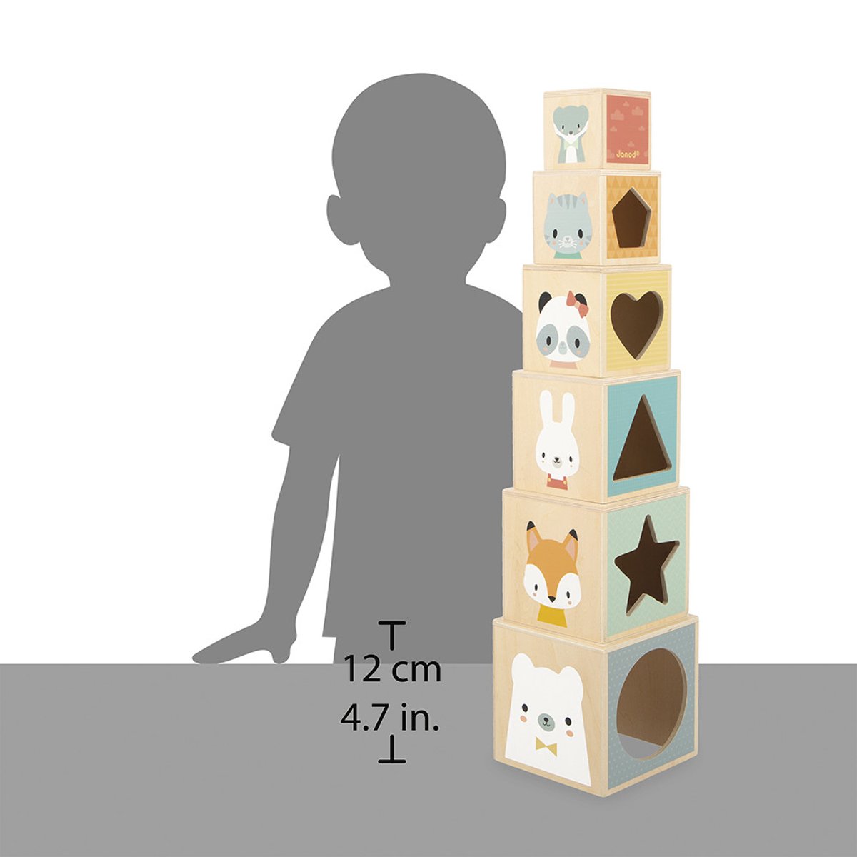 Pyramide En Bois, 6 Cubes À Empiler couleur unique, JANOD