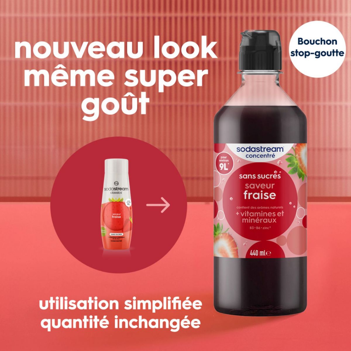 Concentré saveur FRAISE sans sucres 440 ml couleur unique, SODASTREAM