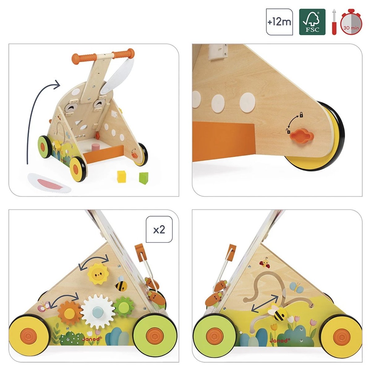 Chariot de marche multi-activités blanc, rose, vert, JANOD