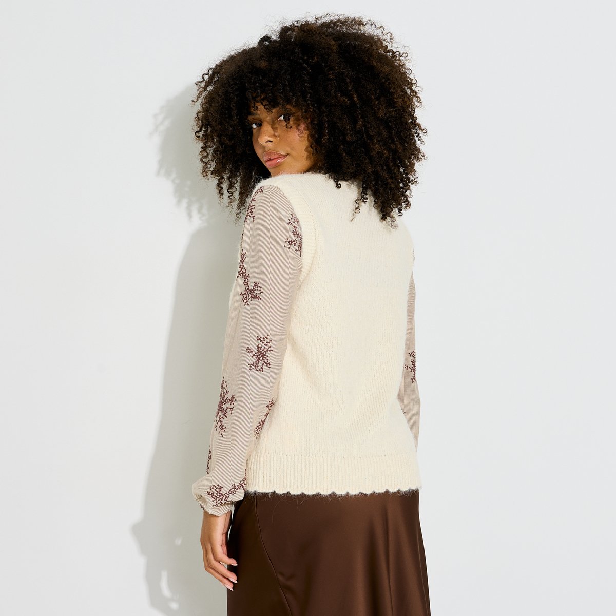 Pull bi-matière brodé beige, GRAIN DE MALICE