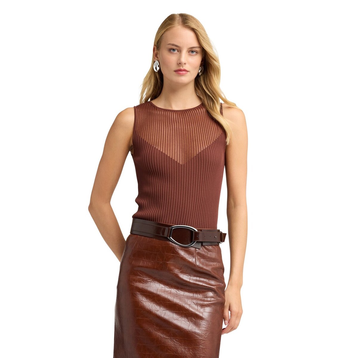 Col côtelé avec décolleté transparent marron, MOTIVI