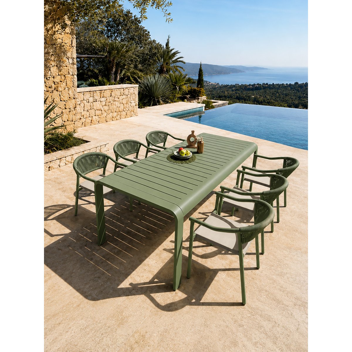 Ensemble repas de jardin en aluminium 6 places HANOI vert olive, DCB GARDEN