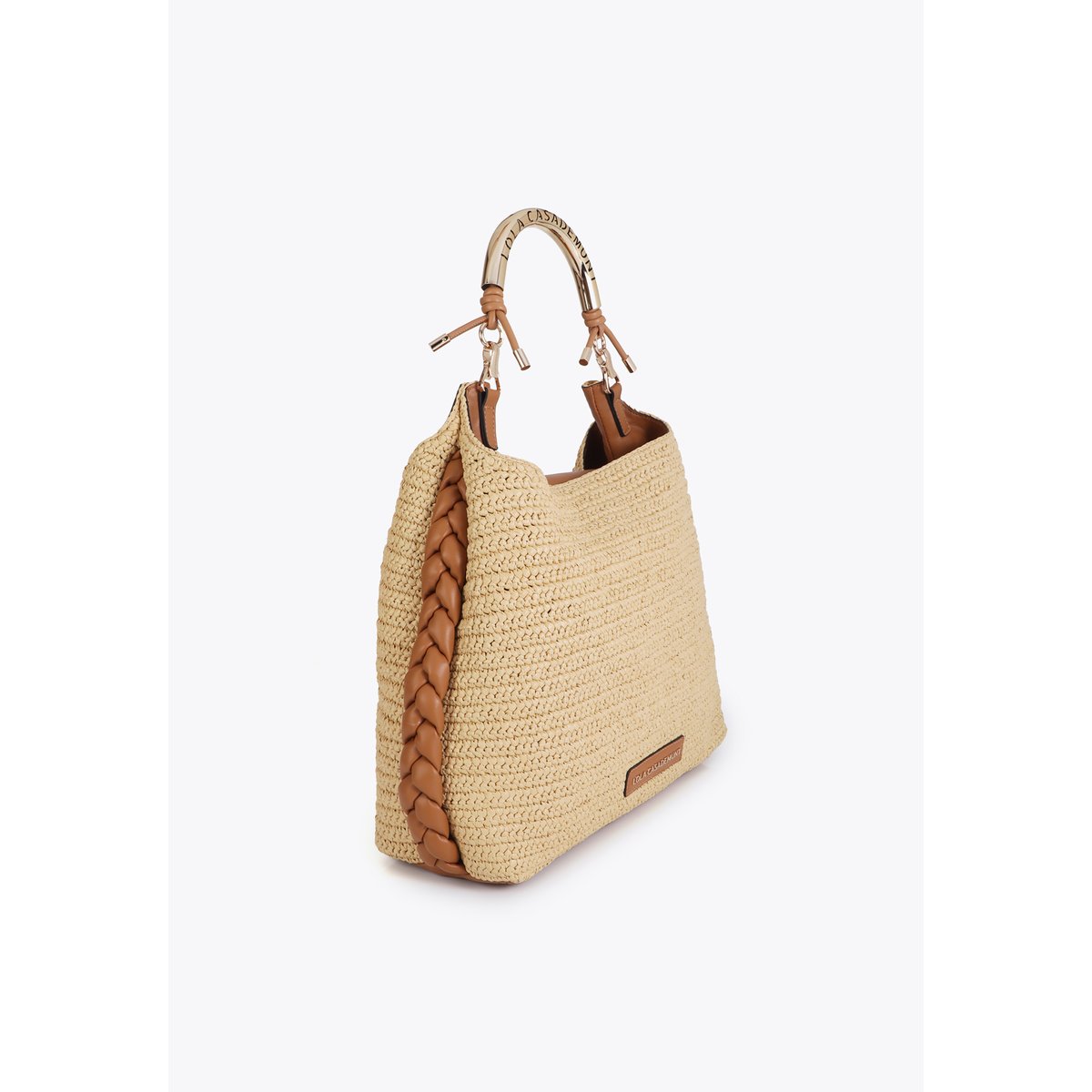 Sac à main effet raphia à poignée rigide siglée et motif tressé beige, LOLA CASADEMUNT