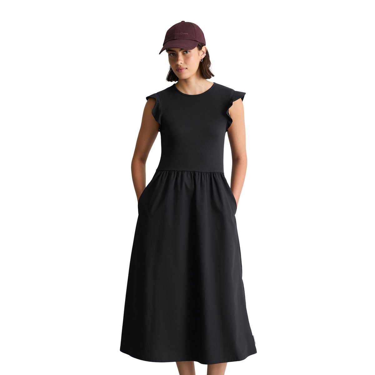 Robe en jersey à volants flared avec jupe en popeline de coton bleu foncé, MARC O’POLO DENIM