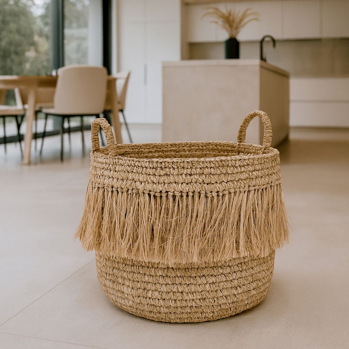 Panier à franges en raphia naturel avec anses marron, NOW'S HOME