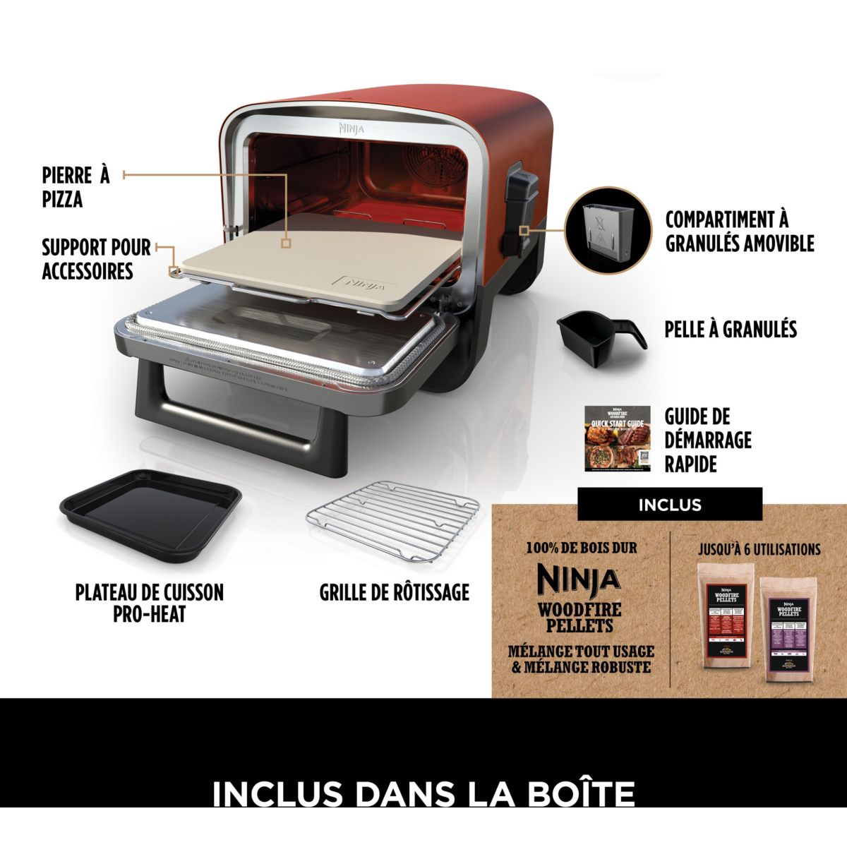 Four à pizza électrique Woodfire OO101EU orange inox, 1 pizza 30 cm, préchauffage 15 min, jusqu'à 370°C couleur unique, NINJA