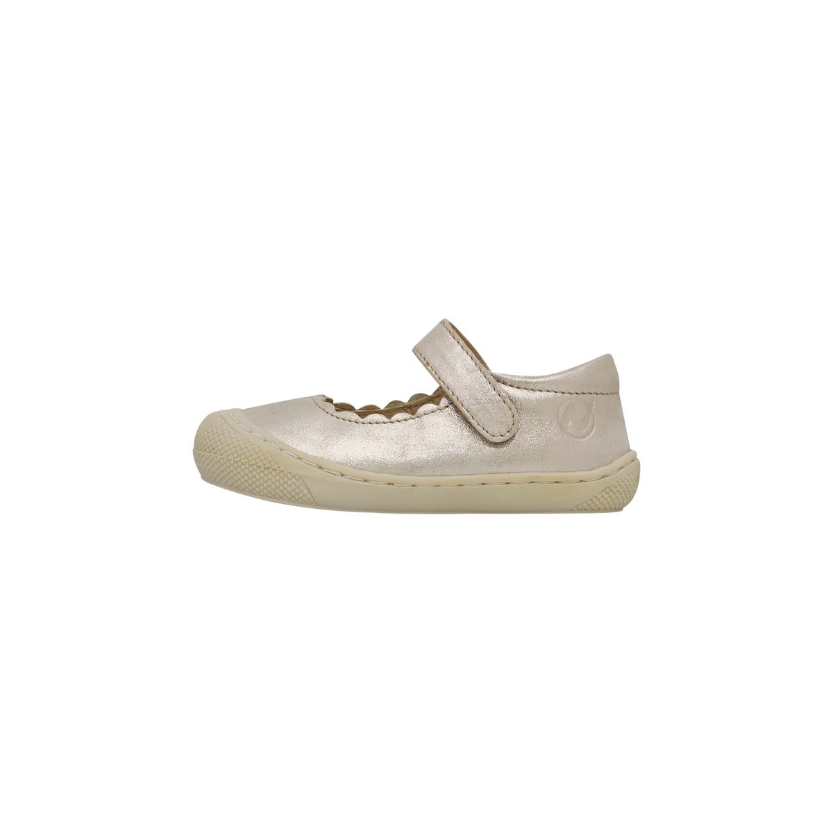 Ballerines premiers pas en cuir laminé avec sangle DORSIA platine, NATURINO