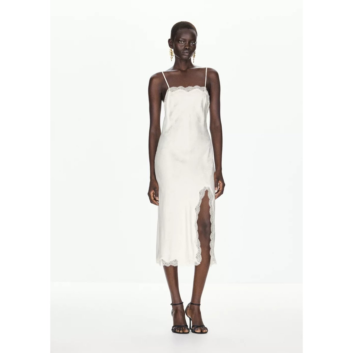 Robe jacquard en dentelle blanc, MANGO