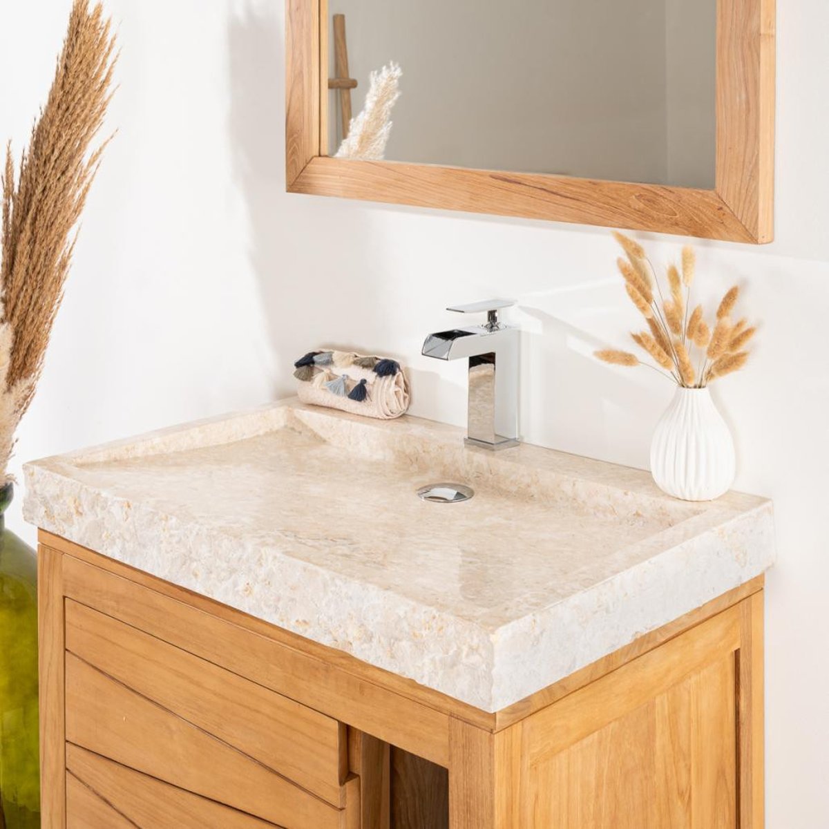 Meuble en teck massif rectangle + vasque 67cm COSY crème, WANDA COLLECTION