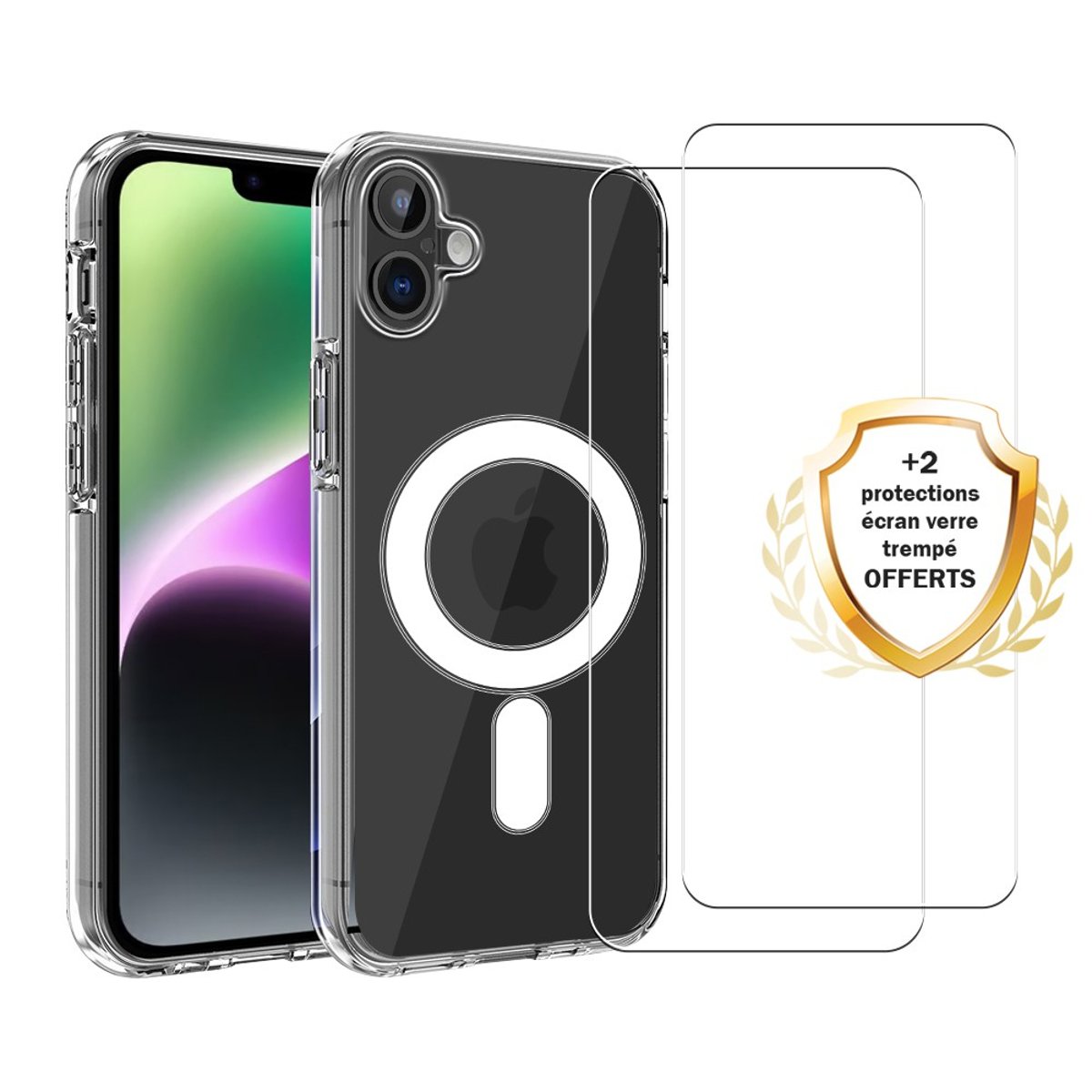 Coque Anti-choc compatible Magsafe pour iPhone 16 Plus Transparente + 2 vitres transparent, EVETANE