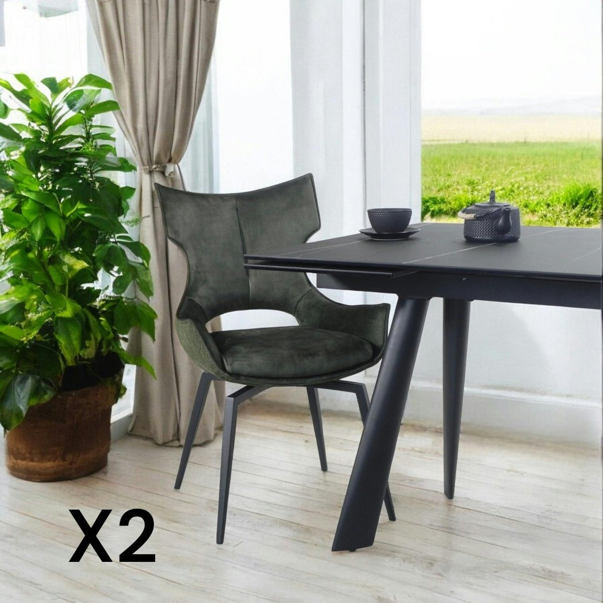 Chaise pivotante verte bi-matière, dossier en T (lot de 2) LOMBARDIE vert, PIER IMPORT