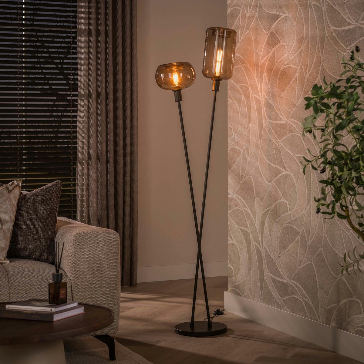 Lampadaire 2 abat-jour en verre NIAGARA brun, PIER IMPORT
