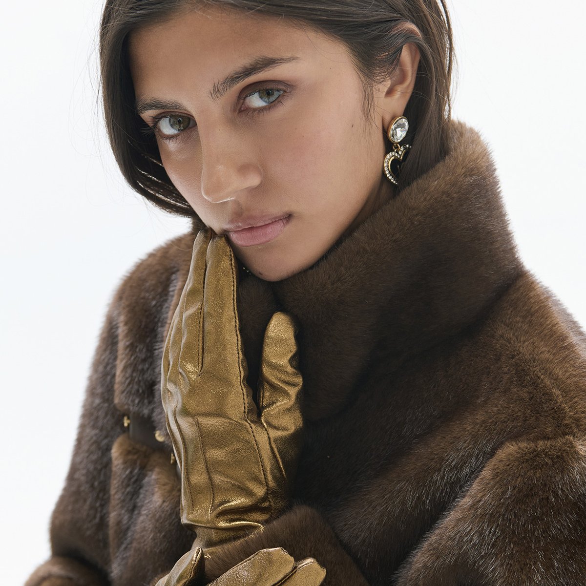 Gants effet cuir métallique à poignet tricoté bronze, LOLA CASADEMUNT