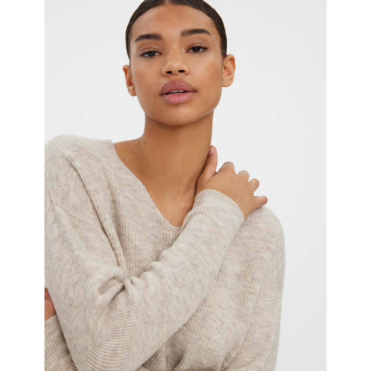 Pull scollo a V in morbida maglia ecru , VERO MODA