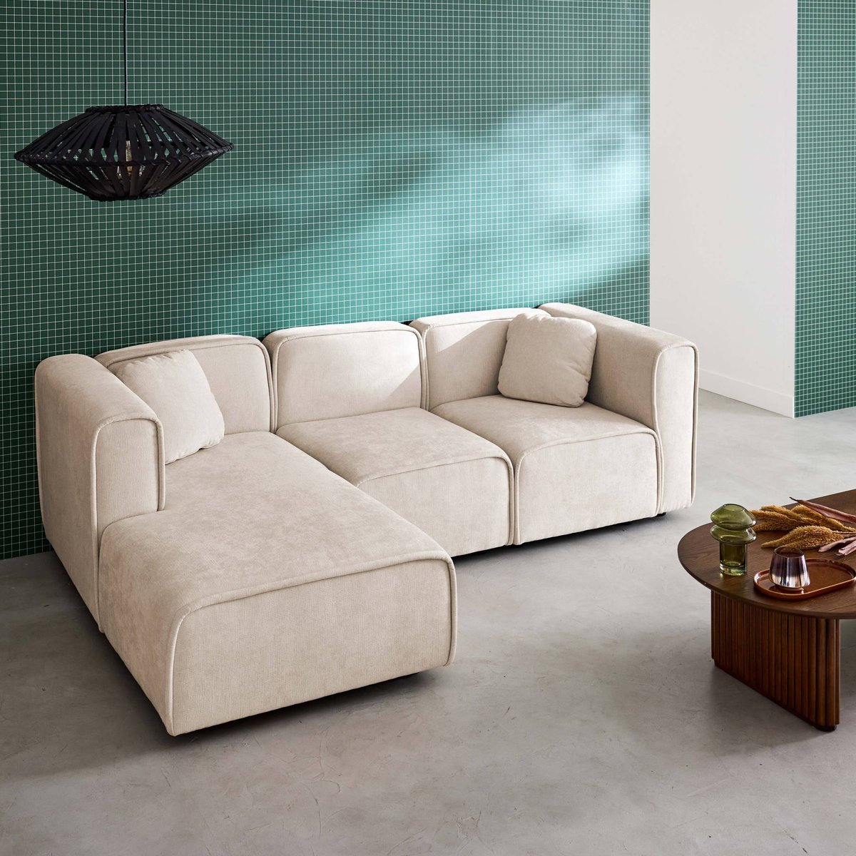 Canapé d'angle gauche 3 places tissu LESTER beige, SWEEEK