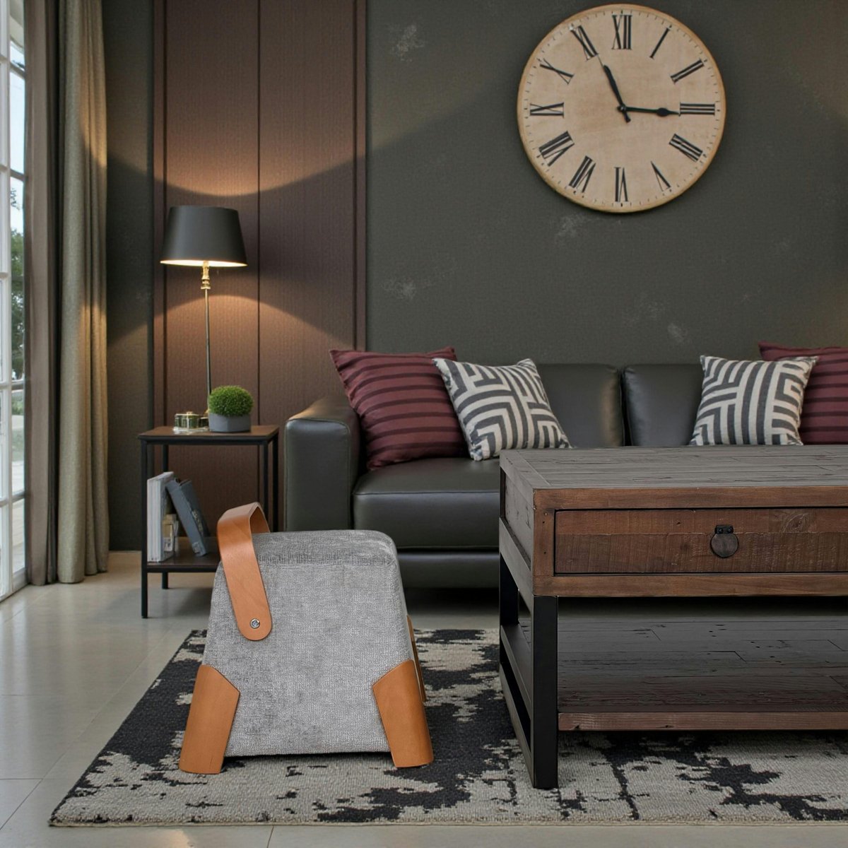 Pouf en tissu avec poignée IENA gris, PIER IMPORT