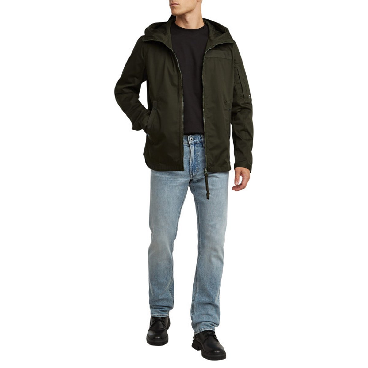 Blouson en coton biologique kaki uni avec une coupe droite et un col à capuche vert, G-Star RAW
