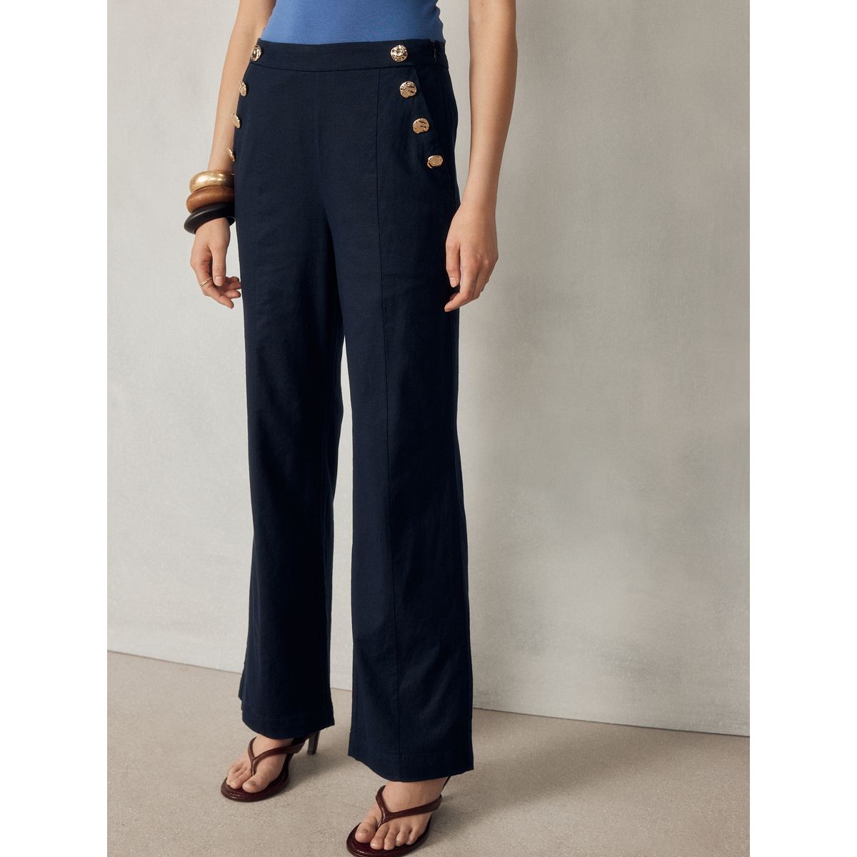 Pantalon large en lin mélangé à boutons dorés bleu marine, NEXT