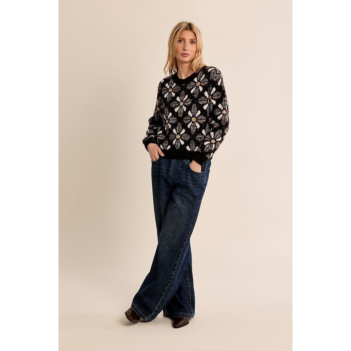 Jersey de cuello redondo, estampado jacquard negro, MOLLY BRACKEN