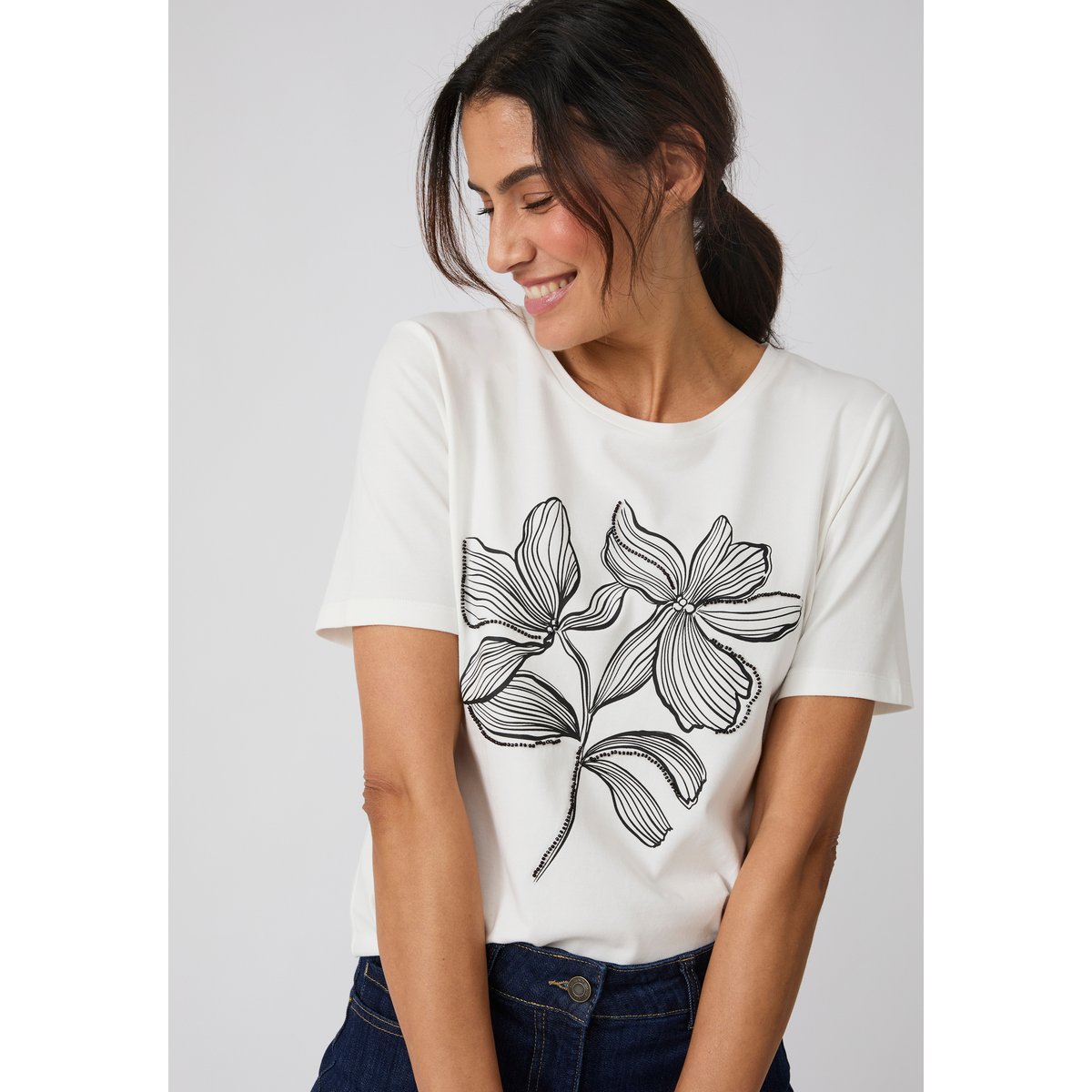 T-shirt motif imprimé avec perles fantaisie blanc cassé, DAMART
