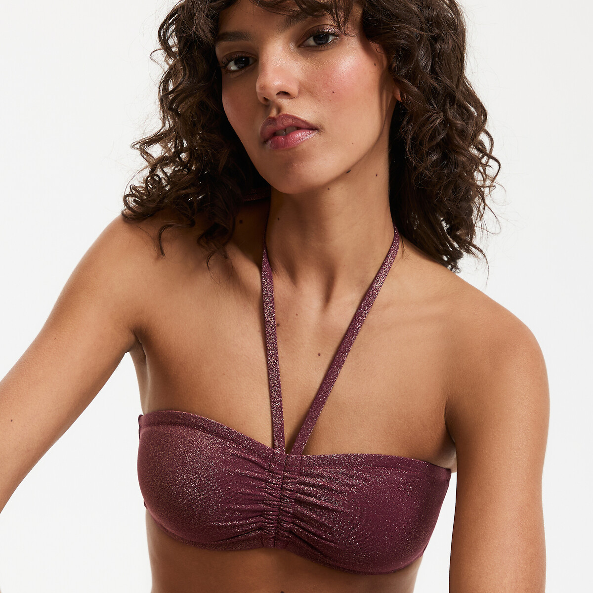 Soutien de biquíni Bandeau em malha com fibra metalizada bordeaux, LA REDOUTE COLLECTIONS