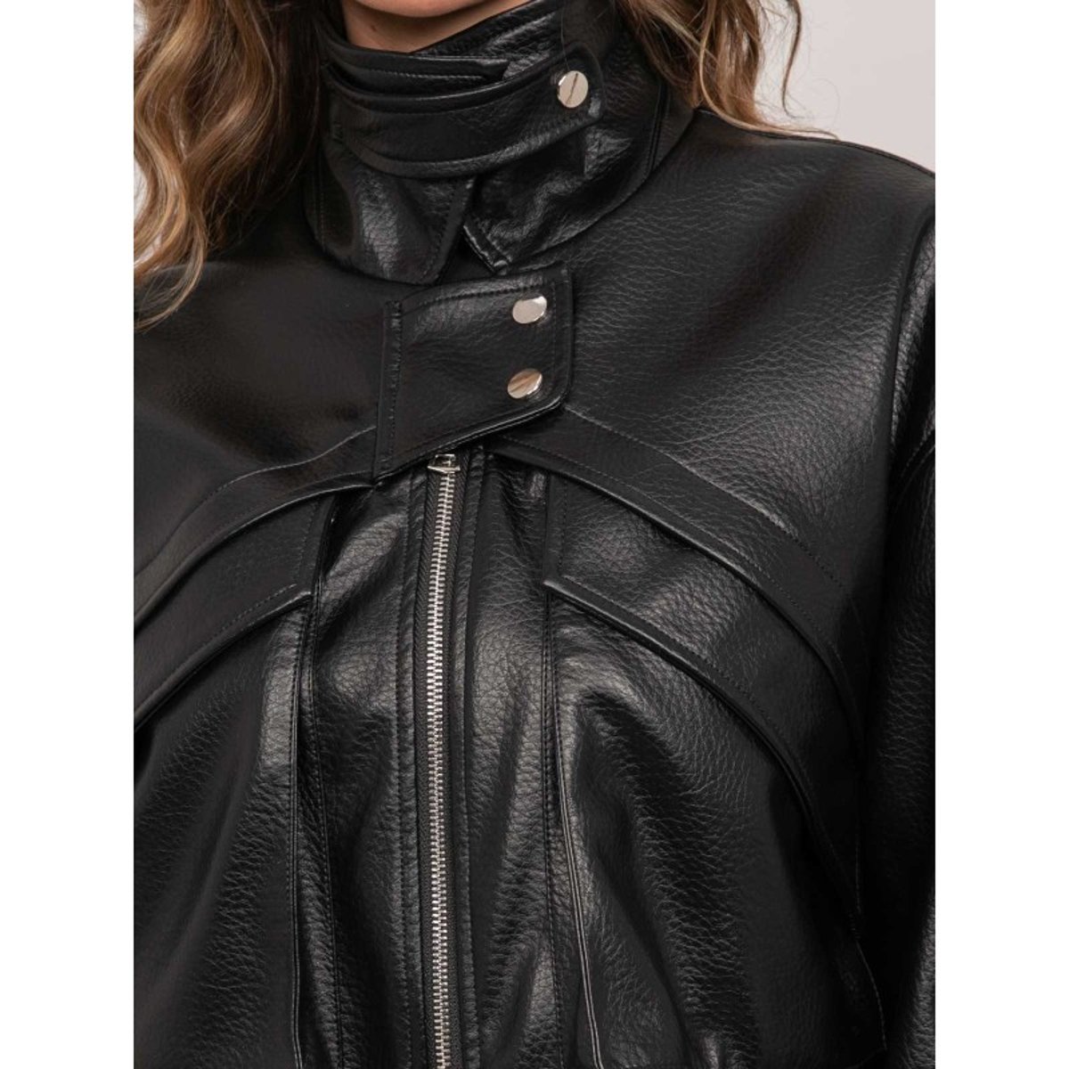 Blouson Court Simili Cuir Col Montant Uzay noir, DONA LISA