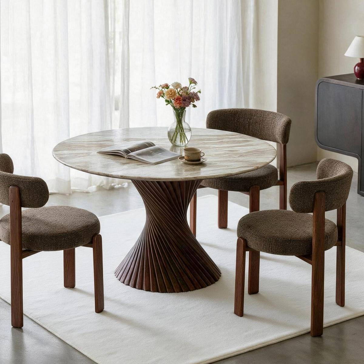 Table à manger ronde en bois de manguier et marbre ROSELIA bois foncé, MADE IN MEUBLES