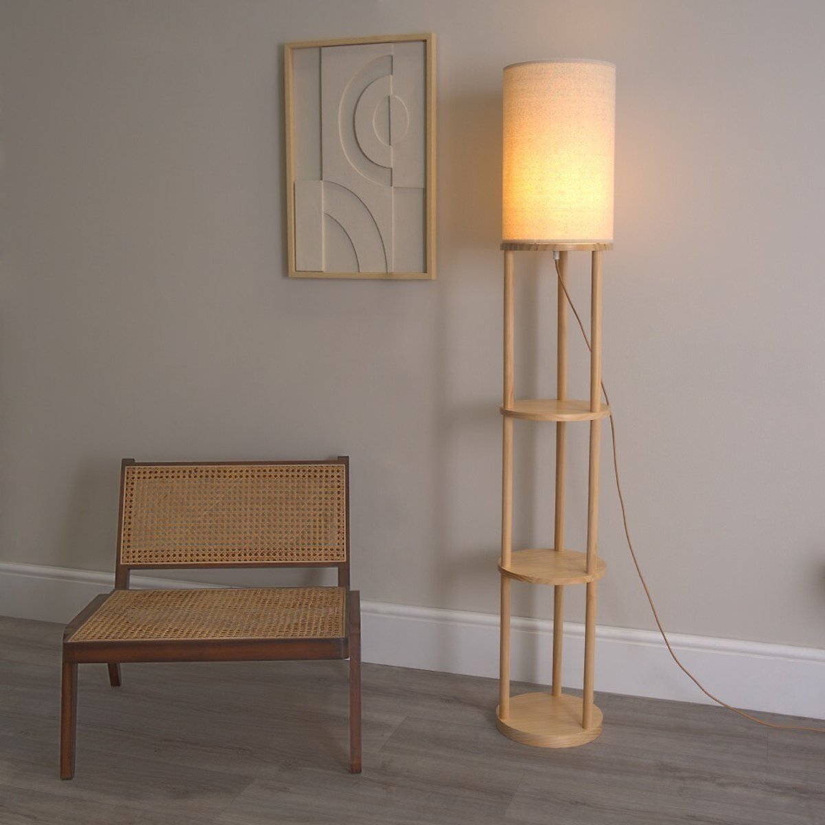 Elisa 3-Tier Soft Light Floor Lamp with Fabric Shade oak, SO'HOME